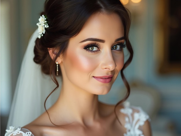 Portrait of beautiful young bride with makeup and wedding hairstyle Generative AI