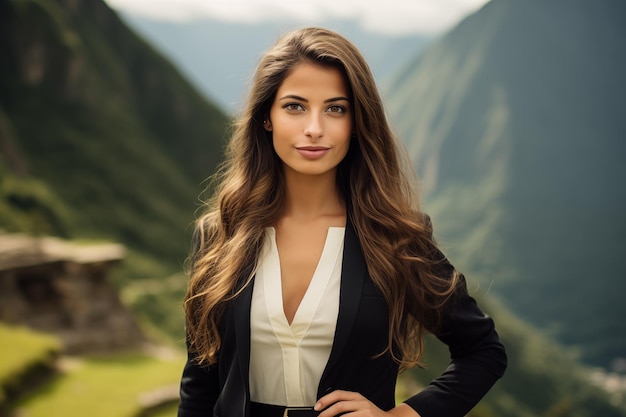 Portrait of a beautiful young brunette woman on the background of the mountains Tourist entrepreneur