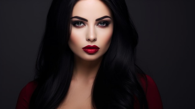 Portrait of a beautiful young brunette woman with bright makeup cherry lipstick on her lips on a black background with copy space Lips Lipstick Eye Shadow Cosmetics Beauty Salon concepts