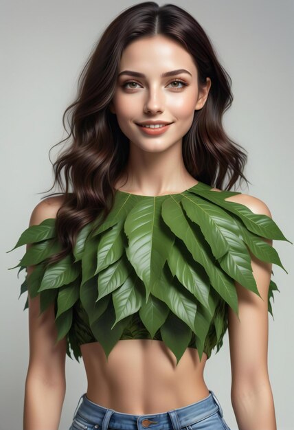 Portrait of a beautiful young brunette woman with green leaves