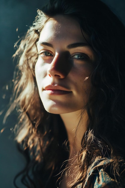 Portrait of a beautiful young brunette woman with long curly hair