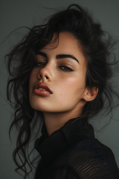 Portrait of a beautiful young brunette woman with long curly hair