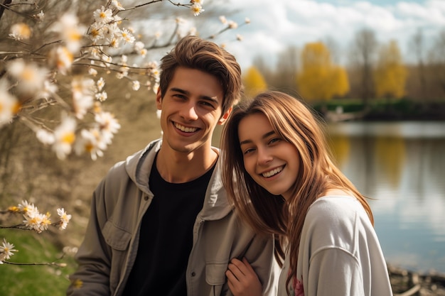 Portrait of a beautiful young couple in love on the background of spring flowers on river bank