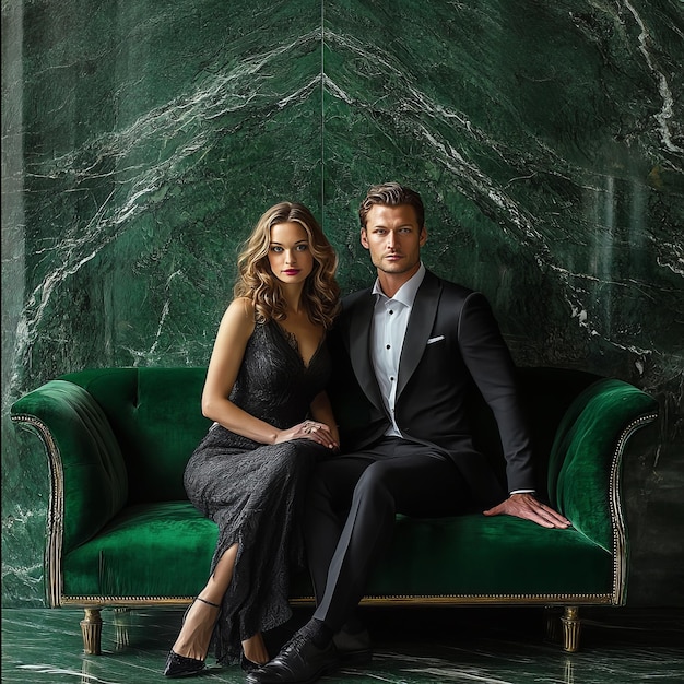 Photo portrait of a beautiful young couple sitting on a green sofa in the studio