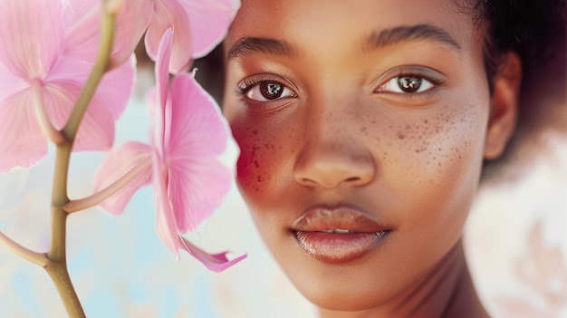 portrait of a beautiful young dark woman with a pink orchid on a light background copy space