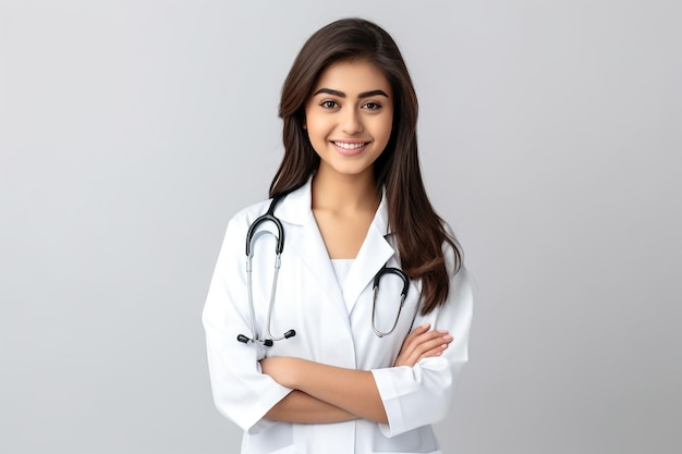 Portrait of beautiful young female doctor in white medical jacket isolated on white background Brunette woman medic crossed hands and smiling at the camera