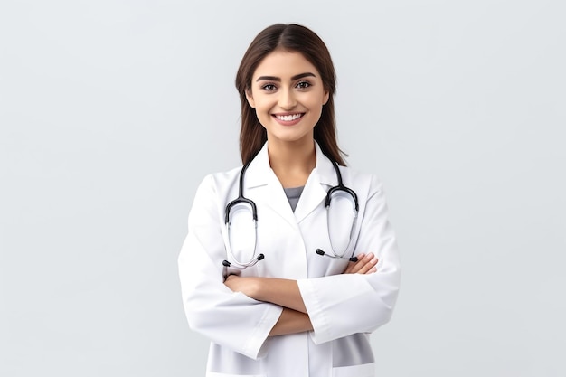 Portrait of beautiful young female doctor in white medical jacket isolated on white background Brunette woman medic crossed hands and smiling at the camera