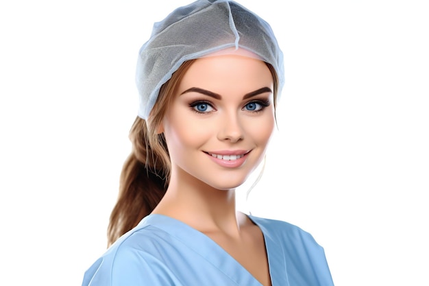 Portrait of a beautiful young female surgeon isolated on white background