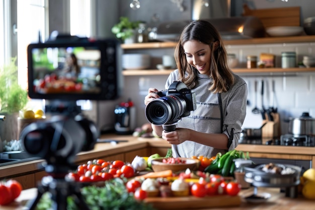 Photo portrait of a beautiful young food blogger preparing some food and recording a video at home