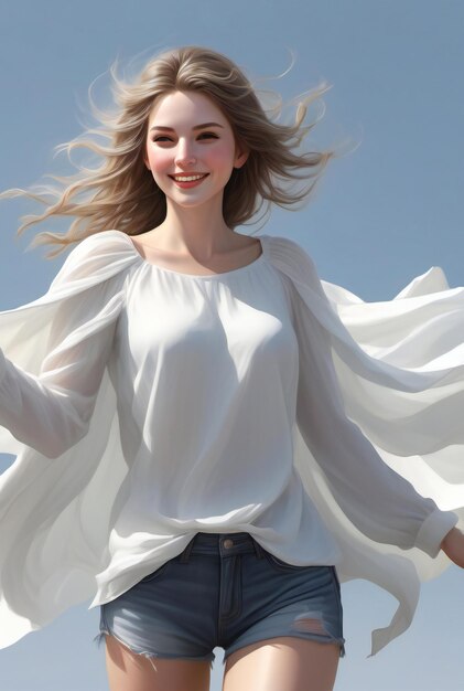 Portrait of a beautiful young girl on the background of blue sky