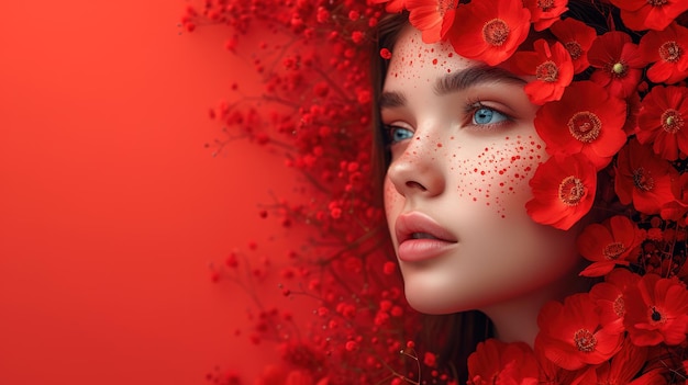 Photo portrait of a beautiful young girl in flowers on her head on a red background