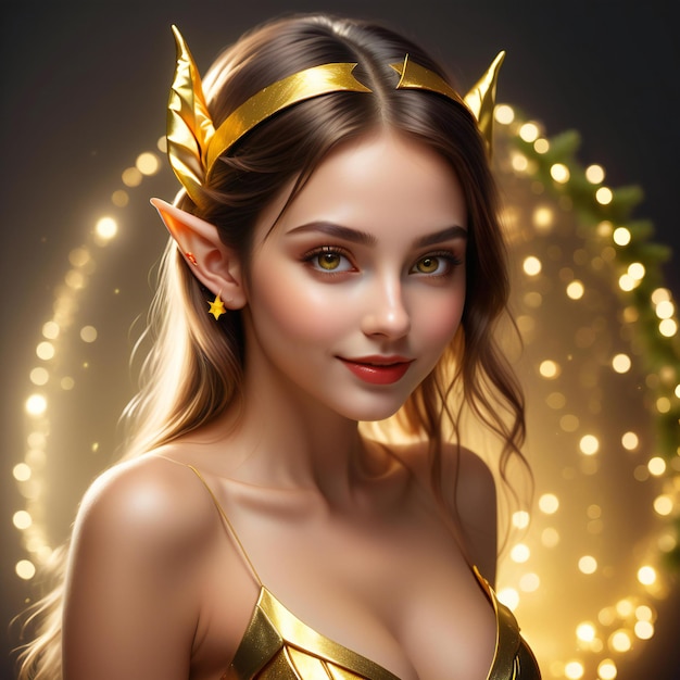 Portrait of a beautiful young girl in a golden crown with bright makeup and red lips