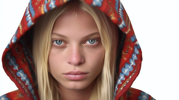 Portrait of a beautiful young girl with blue eyes in a red shawl