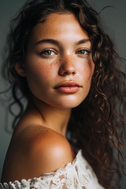 Portrait of a beautiful young girl with curly hair in a white dress