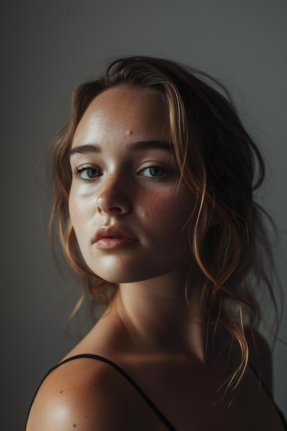 Portrait of a beautiful young girl with freckles on her face