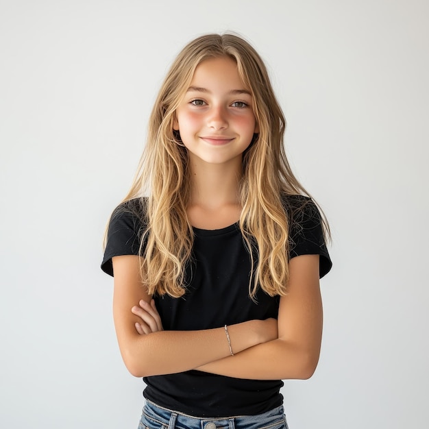 Photo portrait of a beautiful young girl with long blond hair on a white background