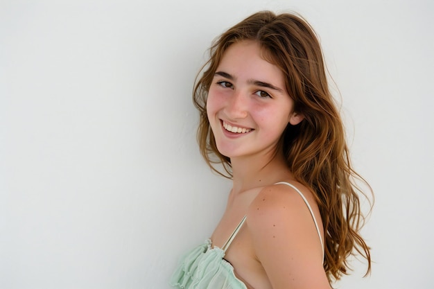 Portrait of a beautiful young girl with long brown hair and blue eyes