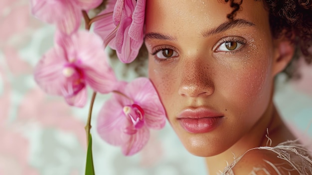 portrait of a beautiful young Hispanic woman holding a pink orchid on a light background copy space