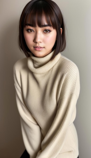 Portrait of a beautiful young Japanese woman in a turtleneck sweater