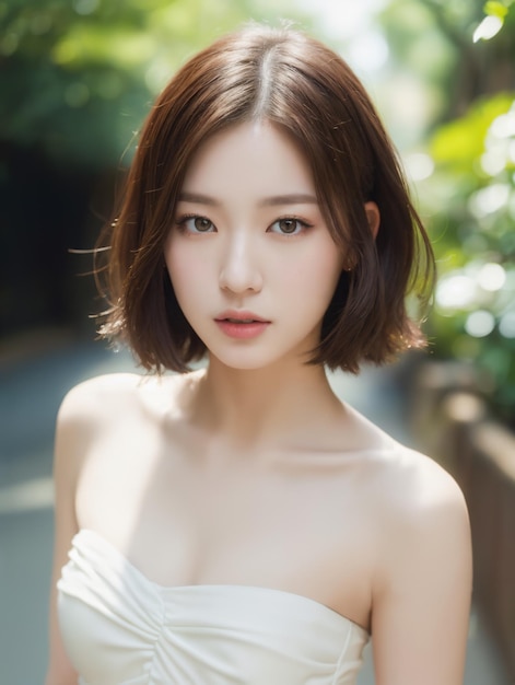 Portrait of beautiful young Korean women wearing white dress in the street