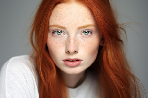 Portrait of a beautiful young redhead woman with freckles