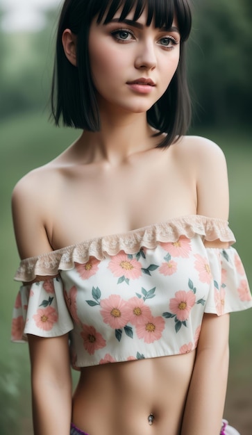 Portrait of a beautiful young Ukrainian woman with flower print grunge shirt off shoulder