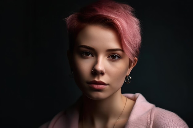 Portrait of beautiful young white woman with a pink short hairstyle on dark background with copy sp