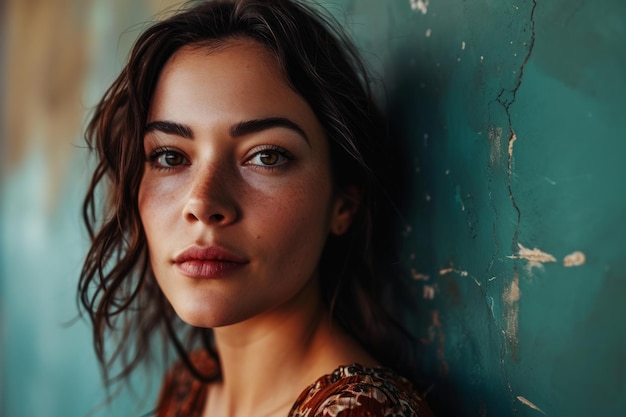 Portrait of a beautiful young woman against a green wall