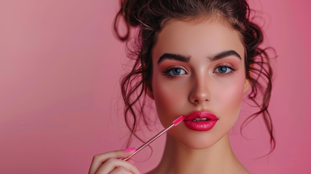 Photo portrait of a beautiful young woman applying pink lip colors to her cute pout lips with a luxury