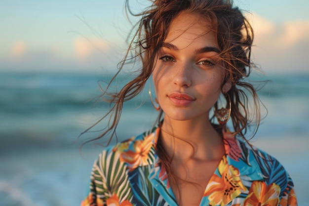 portrait of a beautiful young woman in a beautiful shirt with a neckline on the beach Summer vacati