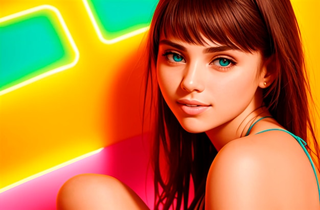 Portrait of a beautiful young woman in bikini on colorful background Generative AI