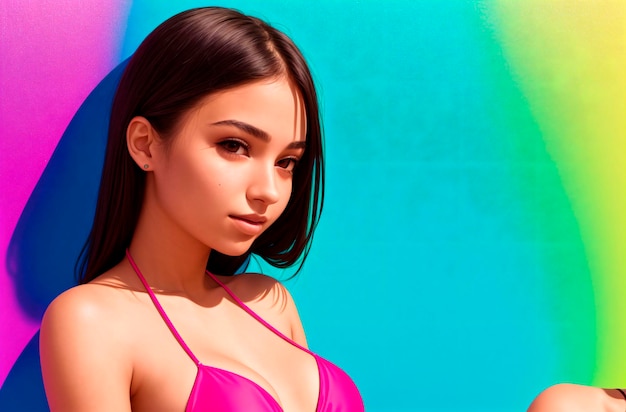 Portrait of a beautiful young woman in bikini on colorful background Generative AI