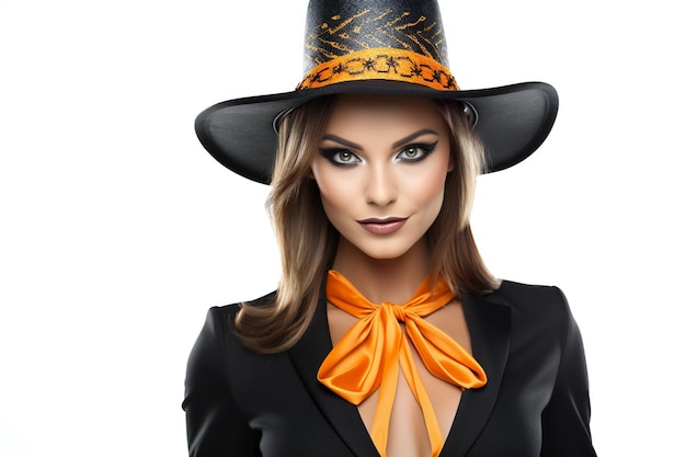 Portrait of beautiful young woman in black hat and orange scarf on white background