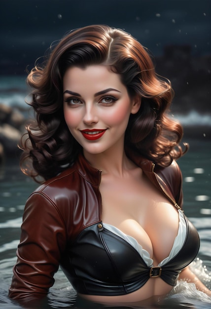 Portrait of beautiful young woman in black leather jacket and red lips