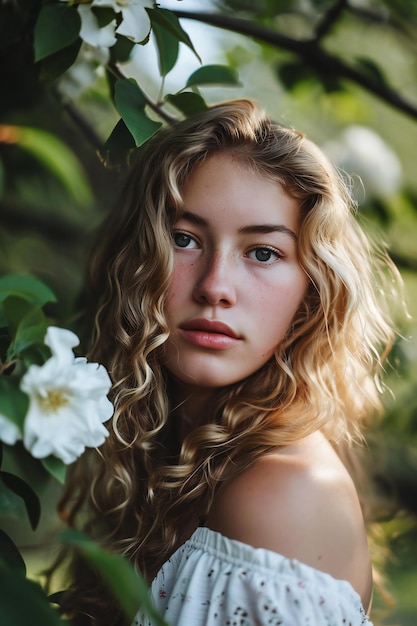 Portrait of a beautiful young woman in a blooming garden