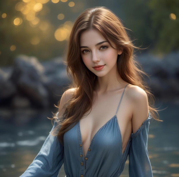 Portrait of a beautiful young woman in a blue dress on the background of the river