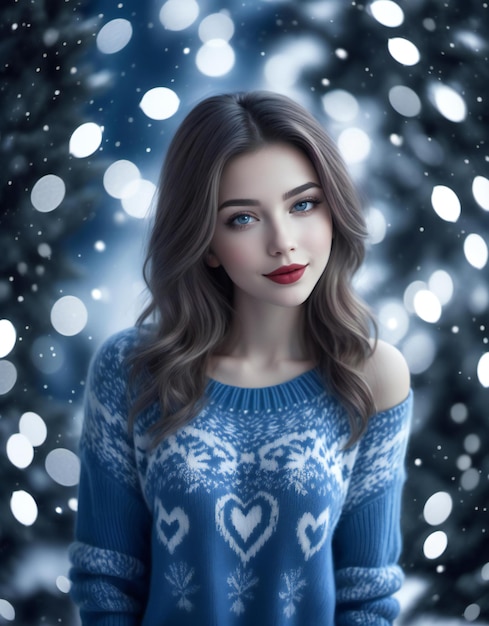 Portrait of beautiful young woman in blue sweater over snowy Christmas background