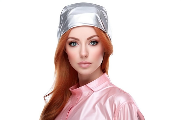 Portrait of beautiful young woman in chef's hat on white background