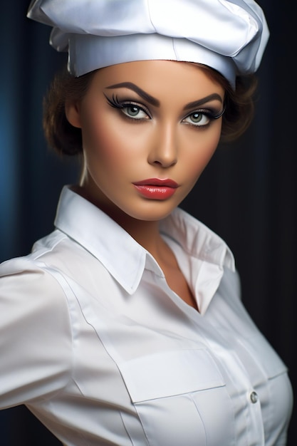 Portrait of beautiful young woman in chef's uniform Professional makeup and hairstyle