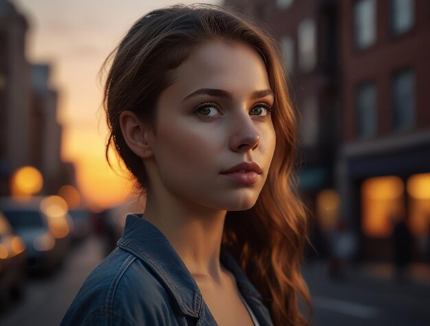 Portrait of a beautiful young woman in the city at sunset ai generative