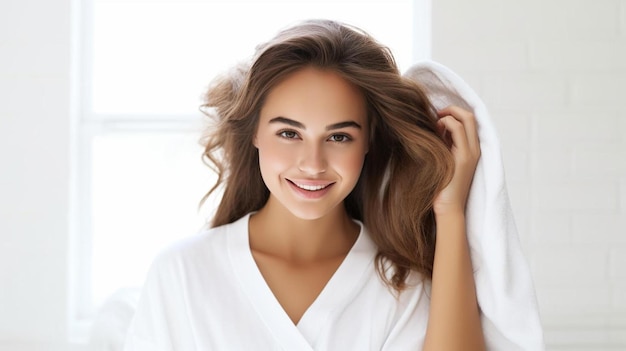 Photo portrait of beautiful young woman drying hairstyle