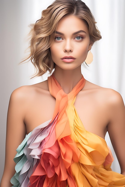 Portrait of a Beautiful Young Woman in Elegant Fashion Dress