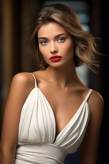 Portrait of a Beautiful Young Woman in Elegant Fashion Dress