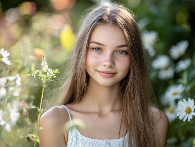 Photo portrait of a beautiful young woman in a flower garden