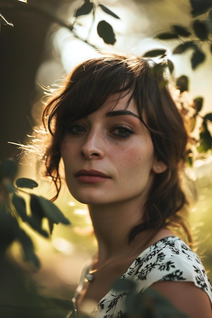 Portrait of a beautiful young woman in the forest Beauty fashion