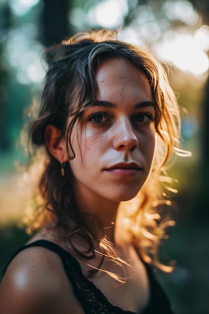 Portrait of a beautiful young woman in the forest at sunset