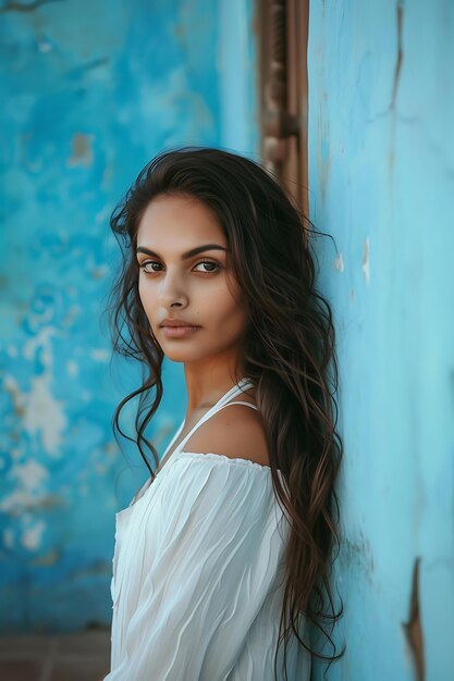 Portrait of a beautiful young woman leaning against a blue wall