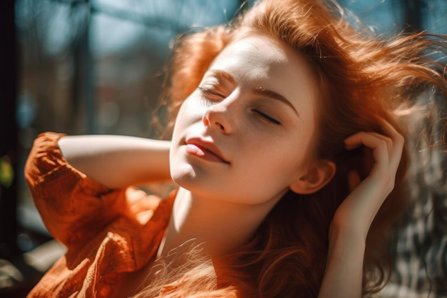 Portrait of a beautiful young woman lying in the sun created with generative ai