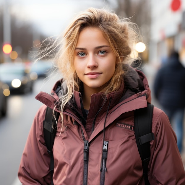 portrait of a beautiful young woman in a maroon jacket on a city street