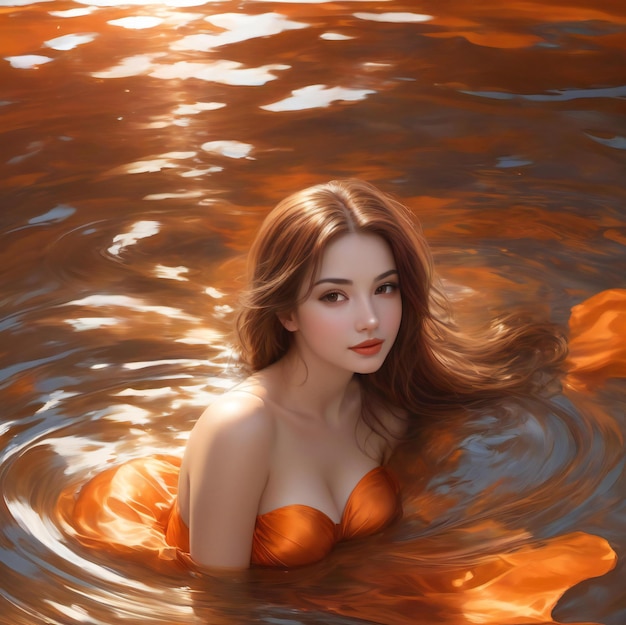 Portrait of a beautiful young woman in orange dress floating in the water